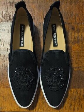 Karl Lagerfeld Black Suede Beaded Floral Slip-On Loafers with White Outsole